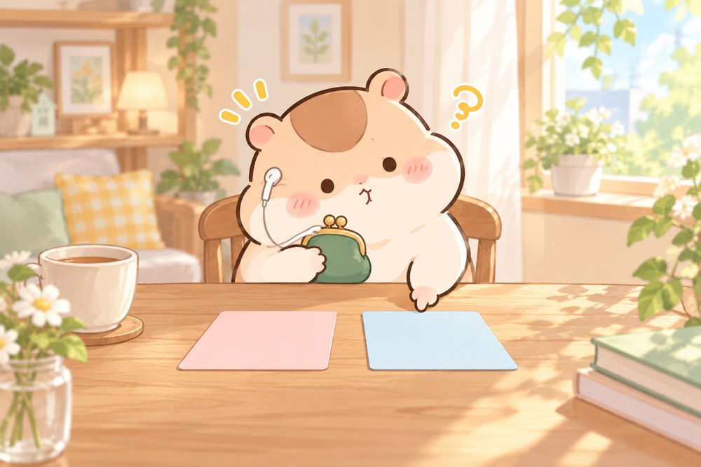 月払いと年払いのプランを見くらべるハムスターのナビ助