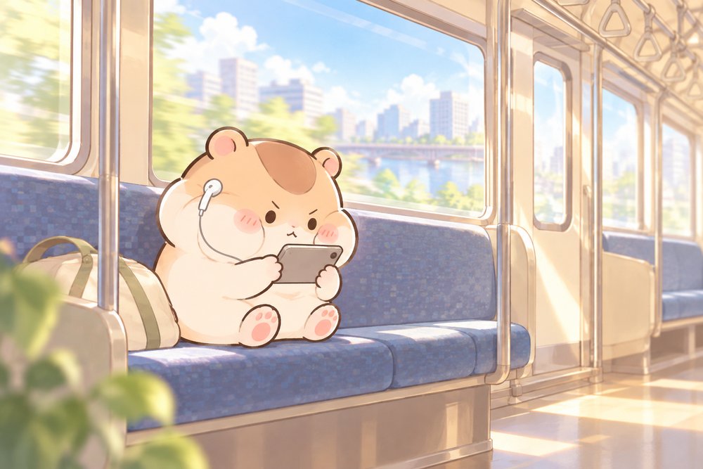 朝の電車でスマホ講座を見るハムスターのナビ助