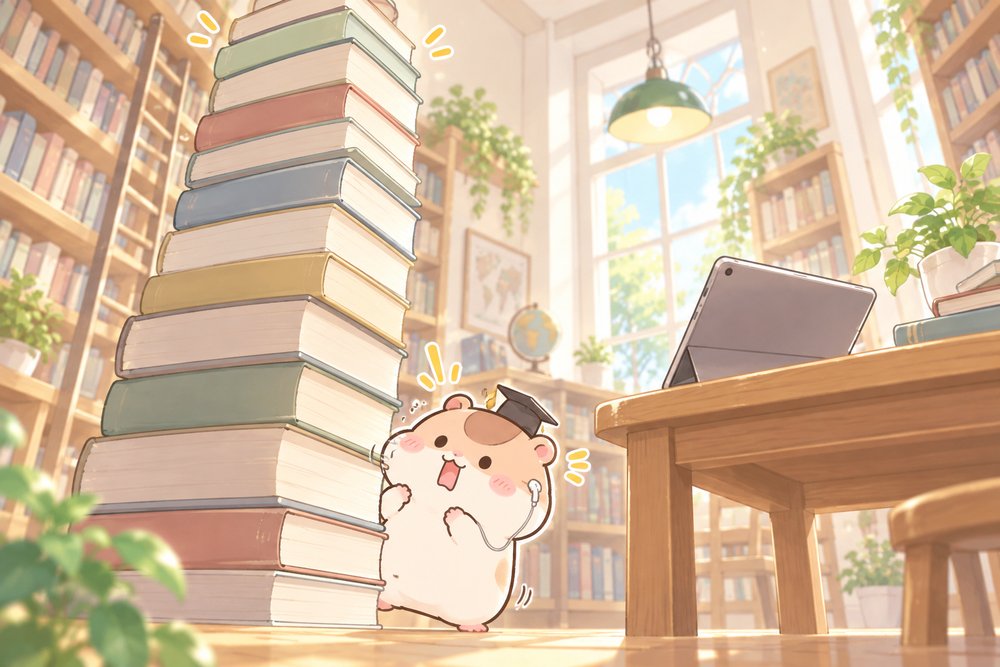 教科書の山とタブレットを見くらべるハムスターのナビ助