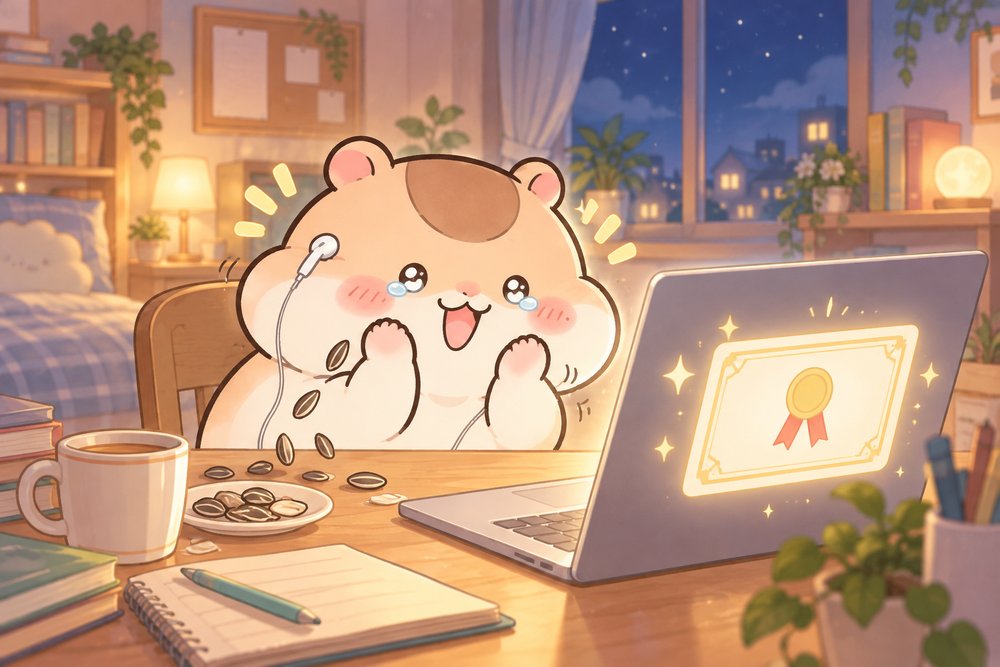 講座を修了して修了証に感動するナビ助